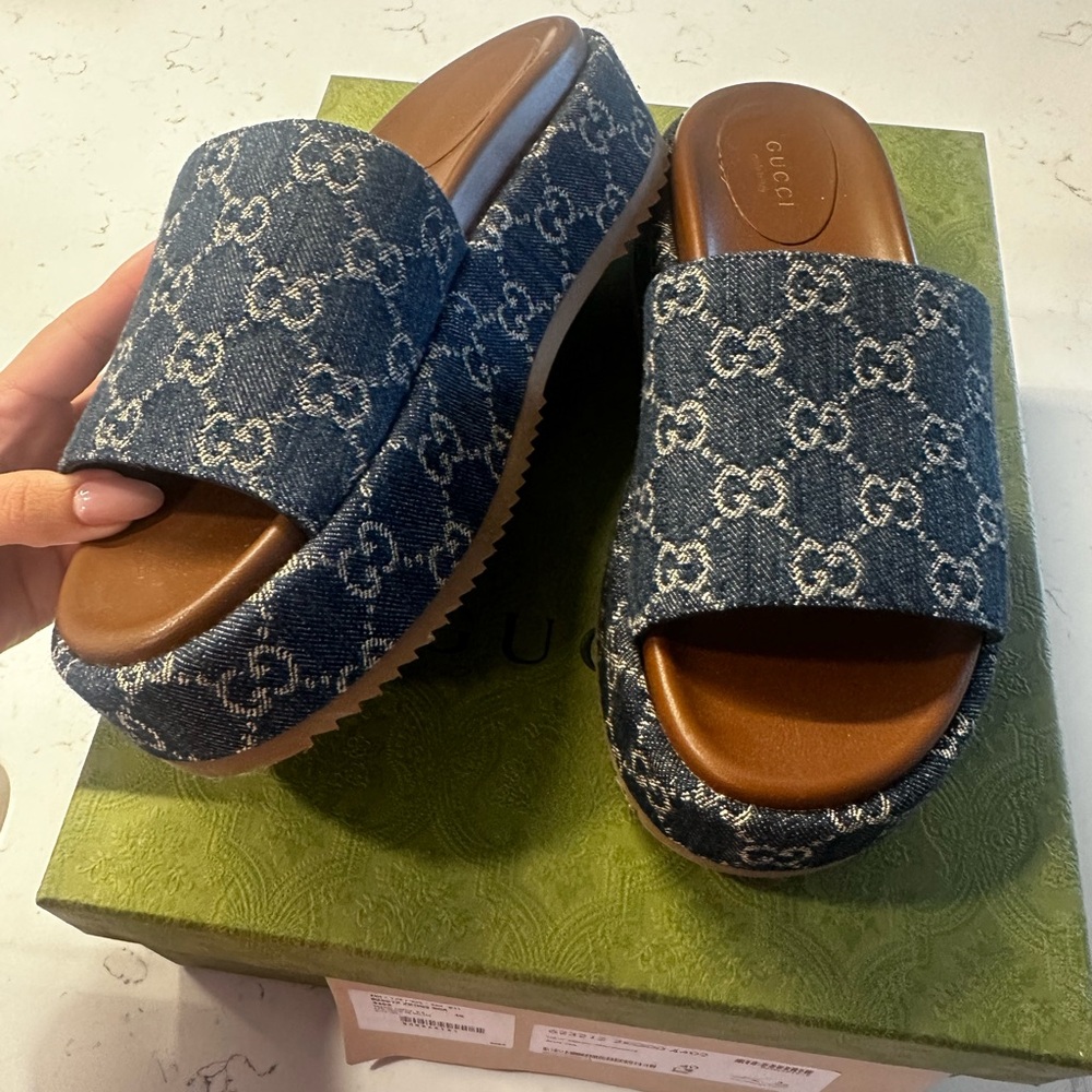 Gucci Navy Monogram Platform Sandals - Picture 3 of 12